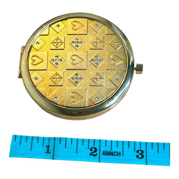 Neiman Marcus Gold Tone Hearts Rhinestone Accent Compact Mirror in Box - Picture 9 of 9